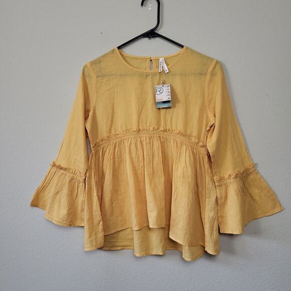 Roper Tops - Roper Womens Boho Cottagecore Peasant Bell Sleeve Organic Cotton Yellow Top‎ XS